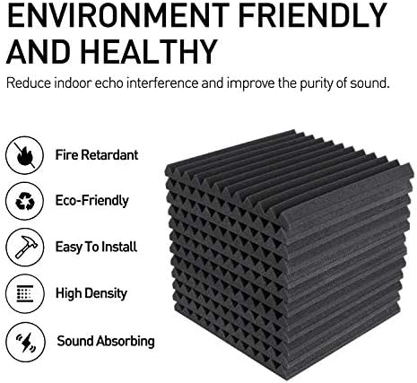 Focusound 24 Pack Acoustic Foam Panels 1" x 12" x 12" Sound Proof Foam Panles Soundproofing Noise Cancelling Wedge Panels for Home Office Recoding Studio with 240PCS Double-Side Adhesive