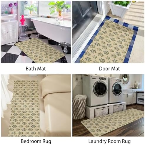 Spring Summer Farmhouse Kitchen Rugs and Mats Set of 2,Blue Green Vintage Boho Floral Farmhouse Non Slip Washable Floor Sink Mats Decorations for Home Kitchen 18"x48"+18"x30"