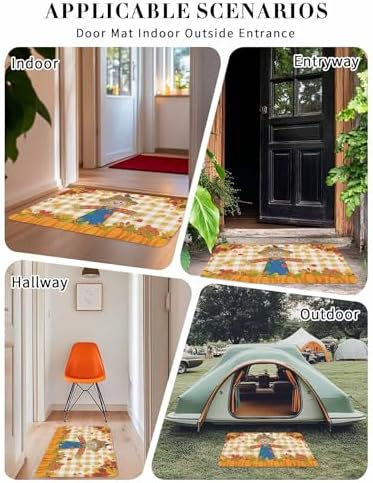 Fall Door Mat Scarecrows Crow Pumpkin Doormat Maple Leaf Orange Buffalo Plaid Harvest Thanksgiving Welcome Mat Non Slip Entryway Front Rug Floor Mat for Indoor Outdoor Kitchen Autumn Holiday 18x30