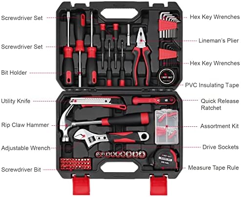 Eastvolt 128-Piece Home Repair Tool Set, Tool Sets for Homeowners, General Household Hand Tool Set with Storage Toolbox, EVHT12801, Black + Red (ASK01) (Pack of 5)