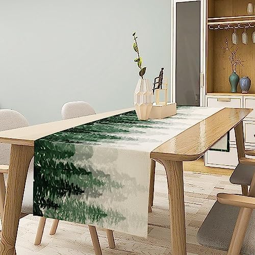 Green Forest Pine Trees Table Runner, Woodland Tabletop Scarf Home Kitchen Holiday Decor, Seasonal Farmhouse Rustic Dining Decorations Party Supply 13 X 36 Inch