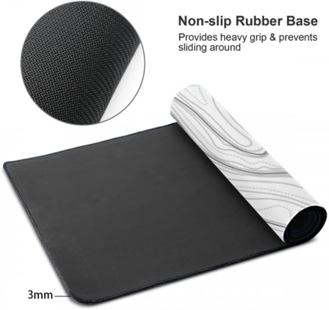 Large Extended Gaming Mouse Pad XXL 35.4x15.7 Inch, White Topographic | White Topographic Desk Mat with Waterproof Non Slip Rubber Base, XXL Keyboard Mouse Pad for Computer, Laptop, Office & Gaming