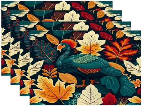 Batmerry Turquoise Thanksgiving Turkey Linen Placemats Set of 4, Autumn Berries Leaves Washable Table Mats for Kitchen Table Thickened Heat Insulation Dining Set Indoor Outdoor 12X18 in