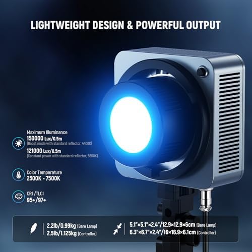 NEEWER HS200C Portable RGB LED Video Light, APP/2.4G/Panel/DMX Control, 280W 150000Lx 2500-7500K CRI95+ COB Continuous Output Lighting Bowens Spotlight for Video Recording Streaming Studio Photography