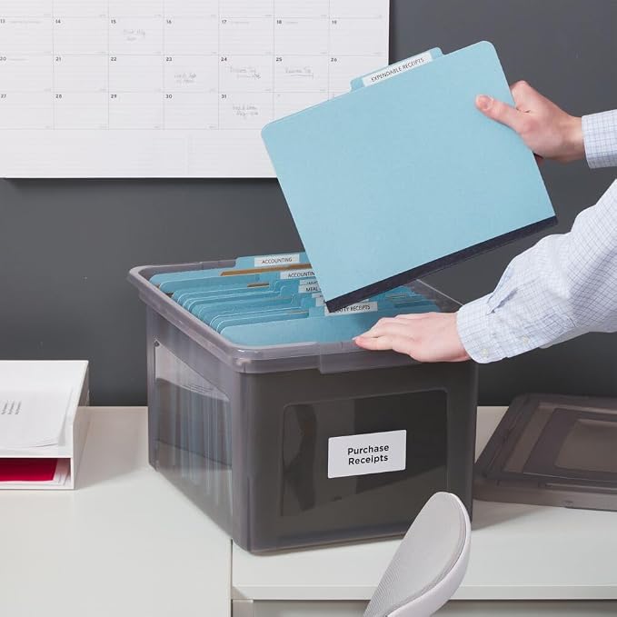 Staples Plastic File Box with Snap Lid, Letter/Legal, Frost Gray, 2-Pk | Stackable storage box keeps hanging files organized and protected.