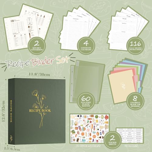 Lanpn Recipe Binder - 8.5x11, Waterproof, 60 Sleeves, 8 Dividers, 116 Family Recipes, Labels & Stickers, Green