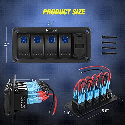 Nilight 4 Gang Rocker Switch Panel w/PD Type C and USB Socket Voltmeter