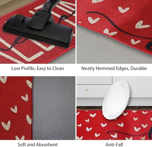 Valentine's Day Heart-Shaped Kitchen Carpet and mat Set, Two-Piece Kitchen Home Decoration, Happy Home Decoration on The Floor - Approximately 16x28 and 16 * 48Inch Dark red
