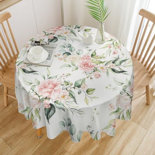 Pink Flowers Tablecloth, Watercolor Sage Green Eucalyptus Leaves Branches Floral Print Table Cloth for Picnic Party Dining Room Home Decor, 60x60in