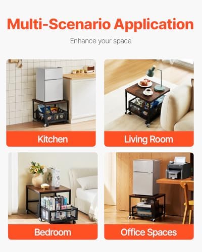 VEVOR Mini Fridge Stand with Storage, 198 lbs Mini Fridge Table with Movable Storage Cart & Swivel Wheels, Beverage Refrigerator Stand for Coffee Bar, Mini Fridge Organizer for Home Dorm, Dark Brown