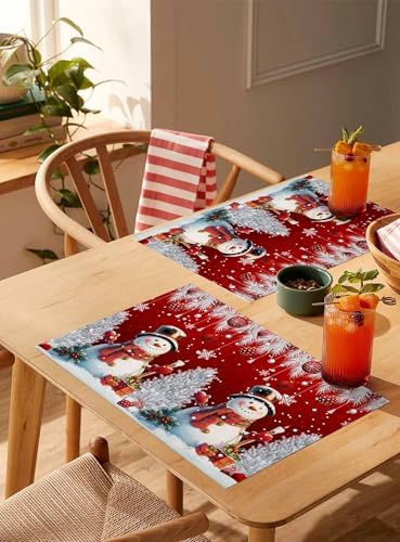 Christmas Red Placemats Set of 4, Cotton Linen Snowflake Cute Snowman Table Mats Non-Slip Washable Xmas Tree Red Christmas Balls Ornaments Placemat for Xmas Dining Kitchen Table Decor
