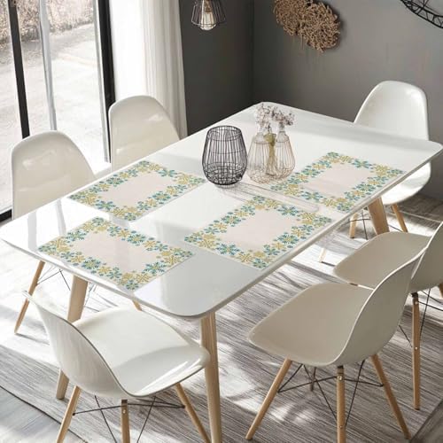 Gold Blue Snowflakes Christmas Placemat 1PC, Winter Xmas Holiday Heat Resistant Washable Table Place Mats Beige Cotton Table Linens Party Holiday Decor for Kitchen Dining Outdoor Indoor