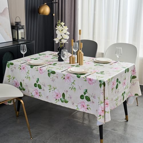LIBERECOO Reinforced Vinyl Tablecloth with Flannel Backing Waterproof Oil-Proof Floral Plastic Table Cloth Stain-Resistant Wipeable Table Cover Not Stiff