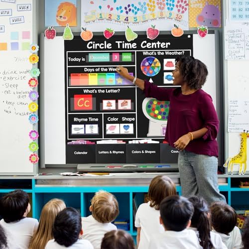 Circle Time Learning Center Classroom Pocket Chart, Circle Time Calendar Preschool Include 224 Cards, Educational Pocket Chart Material, Learning Calendar Weather Letter Counting Color Shape