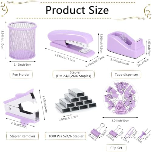 Office Supplies Set,Desk Accessories,Stapler And Tape Dispenser Set,Pen Holder,1000 Staples,Staple Remover,Hinder Clips,Ruler,Scissor,Index Tabs,Clear Tape,Ballpoint Pen,Sticky Notes,Coworkers(Purple)