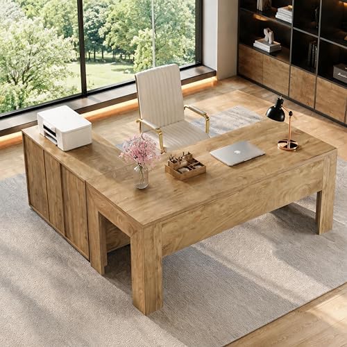 Tribesigns L Shaped Executive Office Desk with Drawers, Light Brown