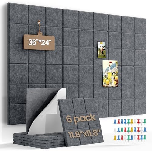 Large Cork Board Felt Board Tiles for Walls with 30 Push Pins, 11.8"x11.8" Pack of 6 Pin Board Notice Boards for Home Office Kitchen, Bulletin Board Wall Tiles for Photos Memos