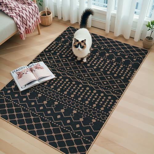 Lahome Moroccan Easy Jute 3x5 Outdoro Rug, Black and White Entryway Rug