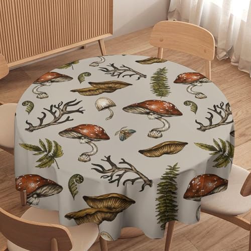 Vintage Woodland Mushroom Tablecloth, Nature Forest Plants Botanical Ferns Print Table Cloth for Farmhouse Kitchen Party Picnic Dinner Decor, 70x70in