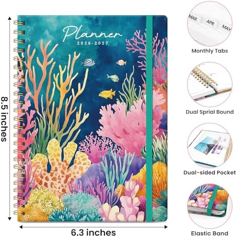 Academic Planner 2026-2027, Monthly and Weekly Calendar Planner, July 2026 - June 2027, Pretty Hardcover Teacher Student Planning Agenda Book with Tabs, Fit for School Office Supplies, 6.3" x 8.5", Coral Garden