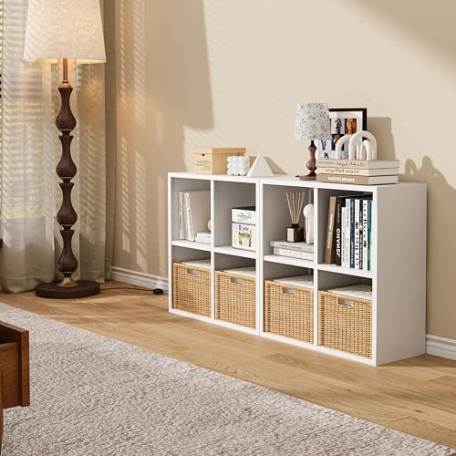 4 Cube Organizer Bookcase, Steel Open Shelf Storage Unit, Free Standing Organizer with 4 Corner Bumpers for Laundry Room, 41.7" H x 27.6" W x 11.8" D, White