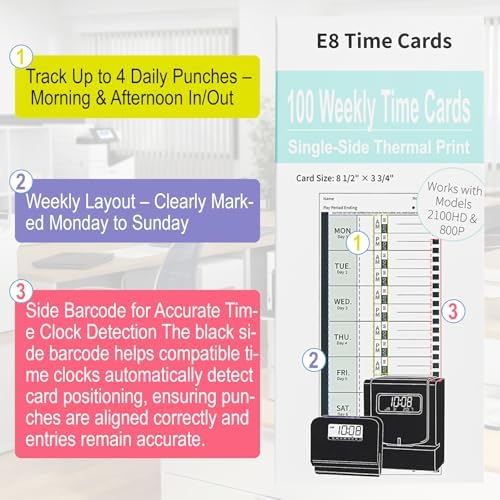 300 E8 Thermal Time Cards, Compatible with Lathem 2100HD & 800P Time Clocks