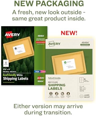 Avery® EcoFriendly Recycled Shipping Labels, 3-1/3" x 4", White, Permanent Label Adhesive, 600 Printable Labels (48464)