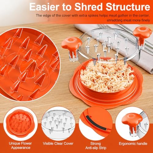 Large Chicken Shredder Tool with Suction Base 2026 – Twist Meat Shredder with Ergonomic Handle & Anti-Slip Grip – Transparent Lid for Easy Shredding Chicken & Beef (Orange)
