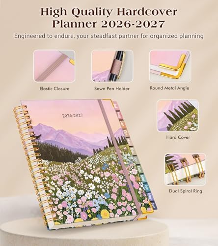Academic Planner 2026-2027, Hardcover Weekly and Monthly Calendar Planner from July 2026 - June 2027, 6.1" x 8.2" A5 Daily Agenda with Tabs, College School Organizer for Student Teacher, Wildflower Mountainside