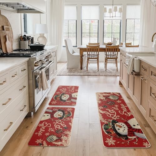 Artoid Mode Snowman Let It Snow Snowflake Christmas Kitchen Mats Set of 3, Winter Home Decor Low-Profile Kitchen Rugs for Floor - 17"x29"+17"x36"+17"x47"