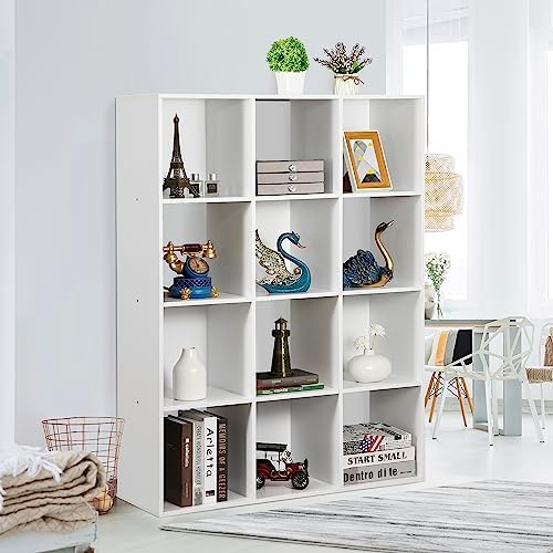 12 Cube Storage Shelf Organizer, Wood Bookshelf Organization Unit, Cube Shelves for Home Office Bedroom Living Room, White