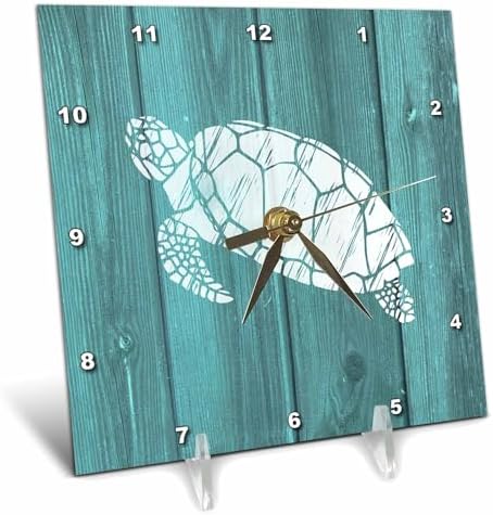 3dRose Turtle Stencil in White Over Teal Weatherboard- Not Real Wood - Desk Clock, 6 by 6-Inch (dc_220428_1)