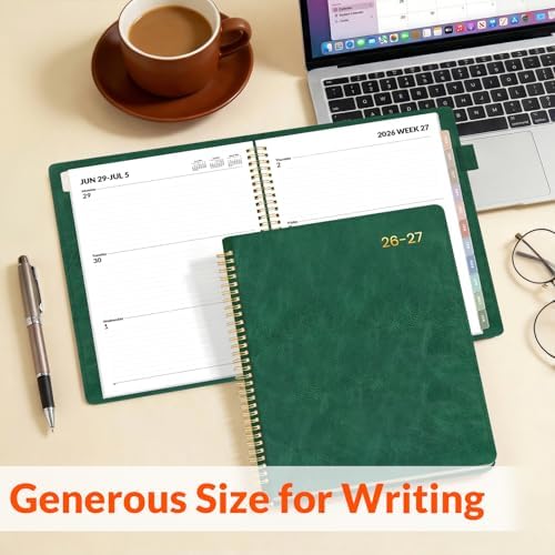SUNEE 2026-2027 Weekly & Monthly Planner 9"x11.2" - 12 Month (July 2026 - June 2027), Vegan Leather Cover Planner Academic Year Calendar, Pocket, Notes, Monthly Tab, Deep Green