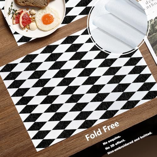 Batmerry Black White Diamond Placemats, Abstract Black and White Harlequin Washable Linen Table Mats for Kitchen Table Double Insulation Decor Dining Set Indoor Outdoor 12X18 in Set of 6