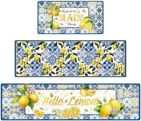 Lemon Kitchen Rugs, Yellow and Blue Lemon Print Kitchen Mats