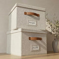 Decorative File Organizer Box Set of 2 - Collapsible Linen Filing Cabinets | Stores Documents and Hanging File Folders - Portable Office Crates with Lid and Handles for Easy Slide Access