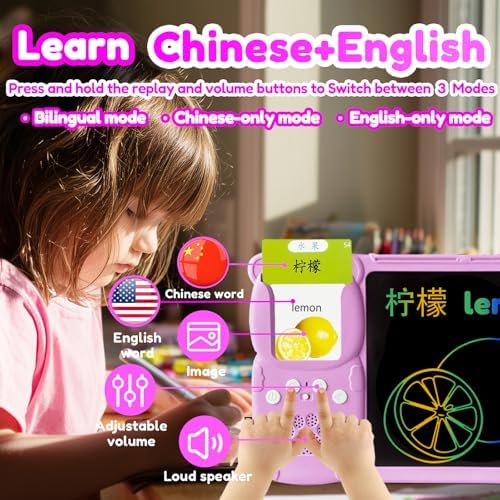 Writing Tablet with Bilingual Flash Cards for Kids, Chinese Pink