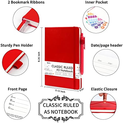 feela 3 Pack Notebooks Journals Bulk with 3 Black Pens, A5 Hardcover Notebook Classic Ruled Lined Journal Set with Pen Holder for Work Business Journaling Note Taking, 120 GSM, 5.1”x8.3”, Red