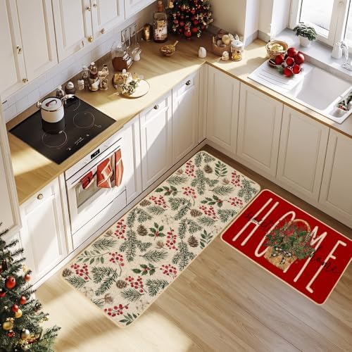 Baccessor Red Christmas Kitchen Rugs Winter Set of 2 17x29 and 17x47 Inch