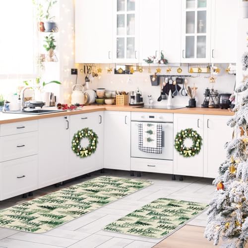 JarThenaAMCS Christmas Kitchen Mat Set of 2 Watercolor Cedar Forest Kitchen Floor Mats Winter Trees Non-Slip Door Rugs for Xmas Holiday Home Entrance Decor