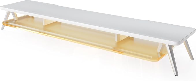 Fenge Dual Monitor Stand Riser with Phone & Tablet Slot, White | Thickened Frosted Acrylic Shelf, Aluminum Legs, 2-Tier Storage, 42.5-Inch Desk Shelf for Gaming, Home Office & Streaming