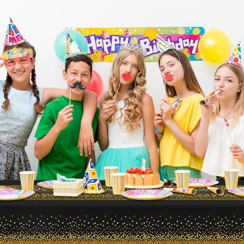 CXPSINC 54 Inch X 300 Feet Plastic Table Cover Roll Disposable Tablecloth with Slide Cutter for All Type/Shape Tables | Party, Banquet, Birthdays, Weddings(Black Golden Dot, 300 Feet)