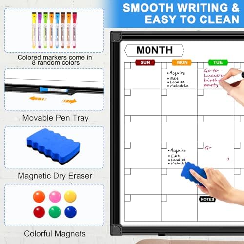 Calendar Whiteboard for Wall 24" x 18", with Black Aluminum Frame