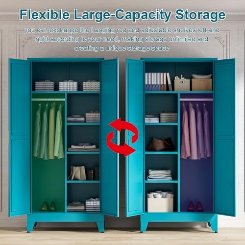 Washsemba 71'' Farmhouse Metal Wardrobe Cabinet with Hanging Rod, 2 Barn Door Wardrobe Closet with 5 Adjustable Shelves,Drawer,for Dining Room,Bedroom,Living Room, Cloak Room,Office (Peacock Blue)
