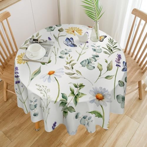 Watercolor Wildflowers Tablecloth, Summer Daisy Lavender Eucalyptus Branches Leaves Print Table Cover for Tea Party Weddings Indoor Outdoor Dining, 60x60in