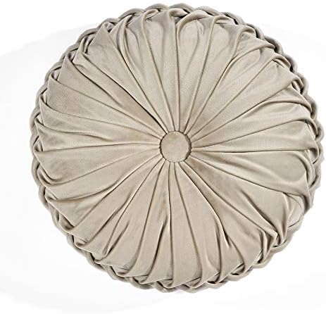 Lush Decor Round Pleated Soft Velvet Decorative Throw Pillow, 1 Count, 15" Diameter, Taupe - Neutral Plush Round Pillow, Seat Cushion, Decorative Pillows For Bed, Couch, Or Chair