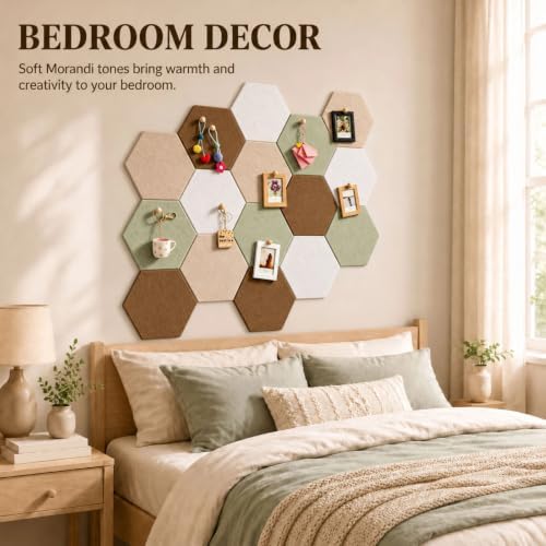 12x10 in 16 Pcs Hexagon Cork Board Tiles, Felt Pin Boards, Sage