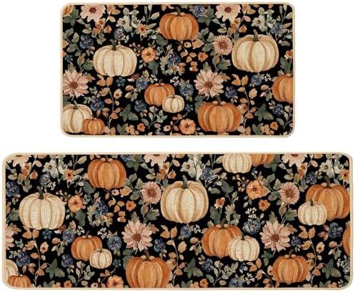 Baccessor Fall Kitchen Rugs Set of 2, Pumpkin Floral Kitchen Mats for Floor Washable Low-Profile Farmhouse Autumn Holiday Home Indoor Outdoor Decor 17x29 and 17x47 Inch