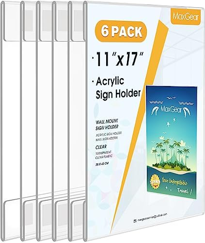 MaxGear Acrylic Sign Holder 11 x 17 Wall Mount with Tape, 6 Pack, Vertical