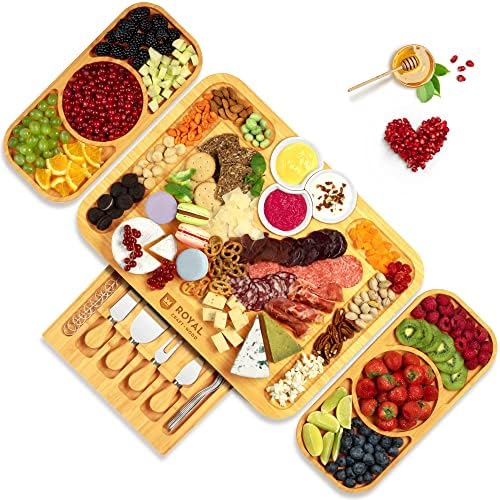 ROYAL CRAFT WOOD Bamboo Cheese Board and Knife Set with Charcuterie Board & Serving Tray with Appetizer Plates & Side Trays (17.5 x 13)